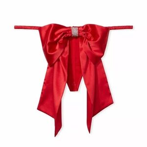 Victorias Secret Dream Angels Red Satin Bow V-String Panty L Rhinestone Accent